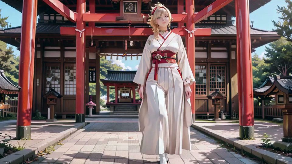 Kneeling under the Torii gate in a beige modified kimono, she touches her chest and traces her collarbon